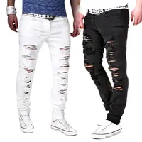 Erkek Kot Sfit Moda Katı Beyaz Erkekler Seksi Yırtık Delik Sıkıntıları Yıkanmış Sıska Erkek Rahat Giyim Hip Hop Pantolon 2021