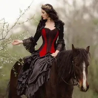Vintage middeleeuwse Victoriaanse prinses trouwjurken een lijn gothic zwart en rode ruches maskerade jurk winter lente corset bruidsjurken
