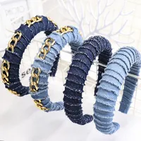 Moda sólida denim azul acolchoado headband para mulheres novo estilo metal cadeia de cabelo cabelo meninas largo cabelo aro acessórios de cabelo instrução jóias