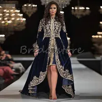 New Marockan Caftan Evening Dresses Långärmad Lace Appliques Muslim Arabic Formell Prom Dress 2020 Velvet High Low Dubai Abaya Aftonklänning