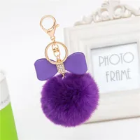 Fashion Handbag Cute Bag Blank Bow Tie Rhinestone Ball Pom Pom Fur Fluffy Keychain To Locate Keys Gold Color Ring