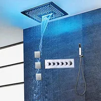 LED 라이트와 64 색 3 기능 주도 샤워 헤드 폭포 강수량 안개 낀 천장 샤워 헤드 세트 욕실 SPA 제트 온도 조절 샤워