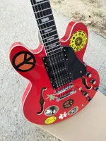 Custom Shop Alvin Lee Semi Hollow Body Big Red 335 Jazz Electric Guitar Multi Stickers Top, Small Block Inlay, 60s Neck, HSH Pickup, 5 Knobs