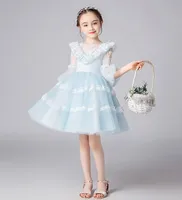 사랑스러운 아기 블루 슬리브 Applique Flower Girls 'Dresses Girl's Brithday Dresses Girls 'Formal Dress 휴가 드레스 사용자 정의 SZ 2-12 D813065