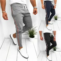 Мужчины летние повседневные длинные брюки спорт тренажерный зал Slim Fit работает бегуны полосой длинные брюки спортивные штаны 2020 новый
