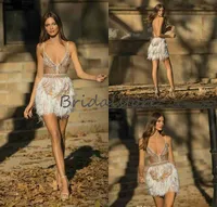 Sexy Ogstuff Short Prom Dresses Deep V Neck Spaghetti Straps Backless Short Formal Evening Dreses 2020 Beaded Crystal Cocktail Party Skirts