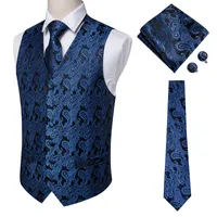Hi-Cravate Navy Paisley 100% Silk Robe Gilet Ensemble pour hommes Blue Dark Blue Jacquard Homme Vest Gilet Homme Gilet pour mariage Veste Formelle 200924