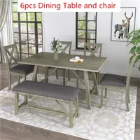 6 Piece tabela de jantar ajustou Madeira mesa de jantar e cadeira Kitchen Table Set com mesa, bancada e 4 cadeiras, estilo rústico, Gray SH000109AAE