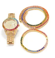 Singola fila cristallo hip hop colore zircone oro argento orologio orologio collana braccialetto set hip hop tre pezzi set di vacanze regalo