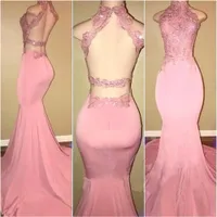 New Pink Prom Dresses Mermaid High Collar Appliques Lace Backless Party Maxys Long Prom Gown Evening Dresses Robe De Soiree