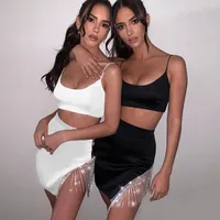 Iki Parçalı Elbise BKLD Glitter Rhinestone Kadınlar Moda Püskül Etek Setleri 2021 Yaz Eşleştirme Kolsuz Seksi Kırpma Tops + Mini