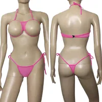 Pink Anime Sexy Women Open Breast Bikini Swimwear Lingerie Set Cupless Bra Top Thong Japanese School Girl Babydoll Underwear