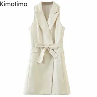 Kimotimo Blazer Dress Notched Sleeveless Solid Office Lady Dress Elegant Business 2020 Autumn Work Vestidos Women Party