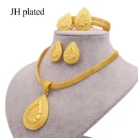 Örhängen Halsband Guldfärg 24K Smycken Satser för Kvinnor Afrikanska Bröllop Bröllopsgåvor Party Water Drops Pendant Ring Armband Set