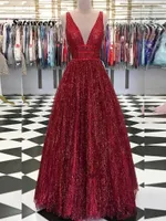 Satsweety 2021 Sparkly Ball Gown Long Prom Dresses VネックオープンバックブルゴーニュスパンコールイブニングパーティードレスProm Gown
