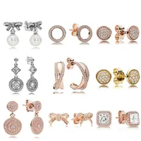 NEW 100% 925 Sterling Silverpandora Earring Graceful Bow Knot & White Pearl Earrings Timeless Elegance Fit Bracelet DIY Making Gifts