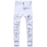 Mens vita svarta nödlösa hål skinny jeans full längd denim byxor street style byxor grossist