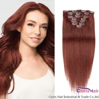 Moda Dark Auburn 100% Human Hair Extensions Clip InS # 33 RAW Indian Remy Sily Sily Silip Clip In On Weave For Black Women 70g 100g Set