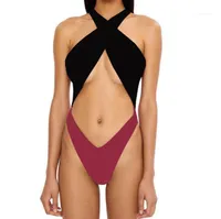 Seksi Backless Kontrast Renk Tek Parça Mayolar Moda Yüksek Bel Mayo Halter Ön Çapraz Bayan Bikini