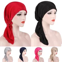Fashion Pleated Women Muslim hijabs Solid Color Head Scarf Turban Bonnet Islamic Headwrap underscarf Ladies Pre-Tied Hijab caps