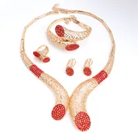 Wedding Party Accessories African Beads Jewelry Sets Red Rhinestone Gold Color Bridal Necklace Bangle Earrings Rings Set