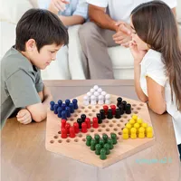Wholesale-Chinese Checker Game Set Wooden Chess Board Game Kids Classic Halma Party Checkers Set Strategy Family Game Pieces backgammon