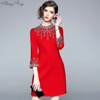 Etnik Giyim Kırmızı Çiçek Qipao Kadınlar Modern Geleneksel Çin Yılı Elbise Nakış Cheongsam Robe Oryantal Tarzı Elbiseler V1794