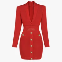 Yeni Varış Tasarımcı Marka Kadınlar Pist Elbiseler V Boyun Uzun Kollu Aslan Başkanı Düğme Seksi Milan Pist Elbise Kılıf İnce Örme Elbise H26