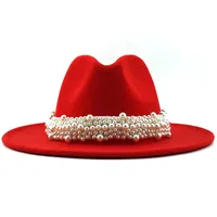 Lã jazz fedora chapéus casuais mulheres couro pérola fita feltro chapéu branco rosa amarelo panamá trilby festa formal boné 58-61cm