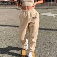 Beyouare mulheres casuais sweatpant carta de algodão impressão de verão elásticas calças de cintura alta calças cargo 2020sporting calças streetwear