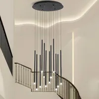 Pendelleuchten Moderne Schwarz / Goldene Langrohr-LED-Kronleuchter-Spiraltreppenhaus Hängelampe Nordisches Wohnzimmer eingestellt frei Befestigungsbeleuchtung