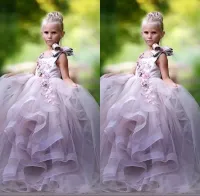 Pretty Princess Ball Gown Flower Girl Dresses 3D Floral Appliques Bow Gilrs Pageant Dress Fluffy Tulle Long Birthday Dress DWJ0210