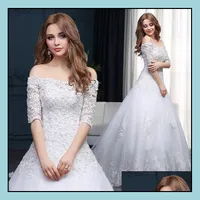 Ball Gown Wedding Dresses Party Events Dress Charming Bateauty Bridal Viel Princess Off Shoder Gowns With Sash Bow Sweep Train Custom Ma
