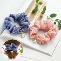 Corea del delicato fiore del ricamo perla Strass Chiffon pendente dell'anello Hair Fashion Scrunchies accessorio dei capelli