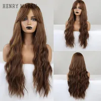 Synthetic Wigs HENRY MARGU Long Brown Wavy With Bang Curly Natural Hair Wig For Black Women Cosplay Party Heat Resistant
