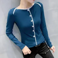 LJSXLS Tops Women 2020 Fall New Woman Tshirts Chic Long Sleeve T-shirt Womens Korean Fashion Clothing Slash Neck Button T Shirt1