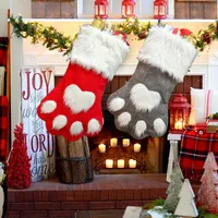 Christmas Tree Ornament Stockings Bag Xmas Red Grey Dog Paw Sock Party Kids Candy Gift Hanging Bags Hot Sale 11 5gm G2