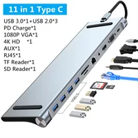 11 i 1 Multi-Function Docking Station Type C Adapter USB-C nav till USB3.0 TF-kort HD-kompatibel Ethernet-adapter för Mac Book Laptop