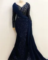 African Long Sleeves Lace Mermaid Evening Dresses 2022 Aso Ebi Long Sleeves Pleats Navy Blue Prom Gowns Robe De Soiree