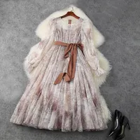 2021 Wiosna z długim rękawem Okrągły Neck Multicolor Drukuj Tulle Pasted Mid-Calf Dress Elegant Sweet Casual Sheer Sukienki LJ07T11766