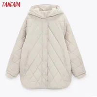 Tangada 여성 베이지 색 외형 긴 후드 파카 가을 겨울 긴 소매 단추 포켓 여성 따뜻한 코트 6W02 220110