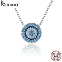 925 Sterling Silver Round Blue Crystal Lucky Eyes Women Pendant Necklaces Jewelry SCN099 220209
