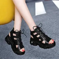 2021 Summer women shoes sandals waterproof platform open toe thick bottom lace-up head layer leather casual black white