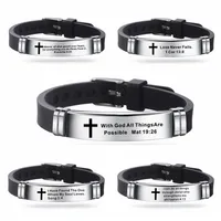 Trendy Cross Jesus Scripture Quote Bracelet Christian Bible Verse Inspiring Faith Stainless Steel Bracelets Silicone Wristband