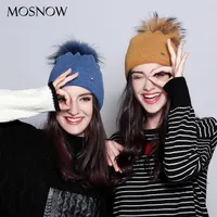 Beanie/Kafatası Kapakları Mosnow Kadınlar Kış Şapkası Kadın Yün Zarif Gerçek Rakun Kürk Pompom Çift Katman Beanies Sonbahar Kadın Şapkaları