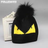 FURANDOWN Womens Winter Hat Fashion Brand Fur Pompom Hat Cap Devil Pattern Knitted Beanies For Ladies Y200102