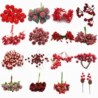 Decorative Flowers & Wreaths Red Color Mini Stamen Cherry Berries Bundle For Christmas Birthday Cake Decor DIY Kids Gift Artificial Flower A