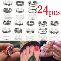 24pcs / set anillos de punta abierta anillos de punta plateada de punta de playa accesorios de joyería de bohemia estilo de pie de pie de pie