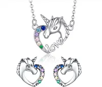 Hotsale 925 Sterling Silver Kolorowe Diament Cyrkon Cute Heart Love Horse Unicorn Wisiorki Naszyjnik Kolczyki Stud Set Sets