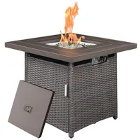 US stock Gas Fire Pit Table, 28 inch 50,000 BTU Square Outdoor Propane with Wicker Panel, Lid, Hideaway Tank Holder a58